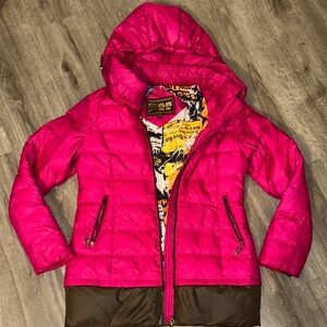 Vibrant Pink Down Jacket with Brown Accents